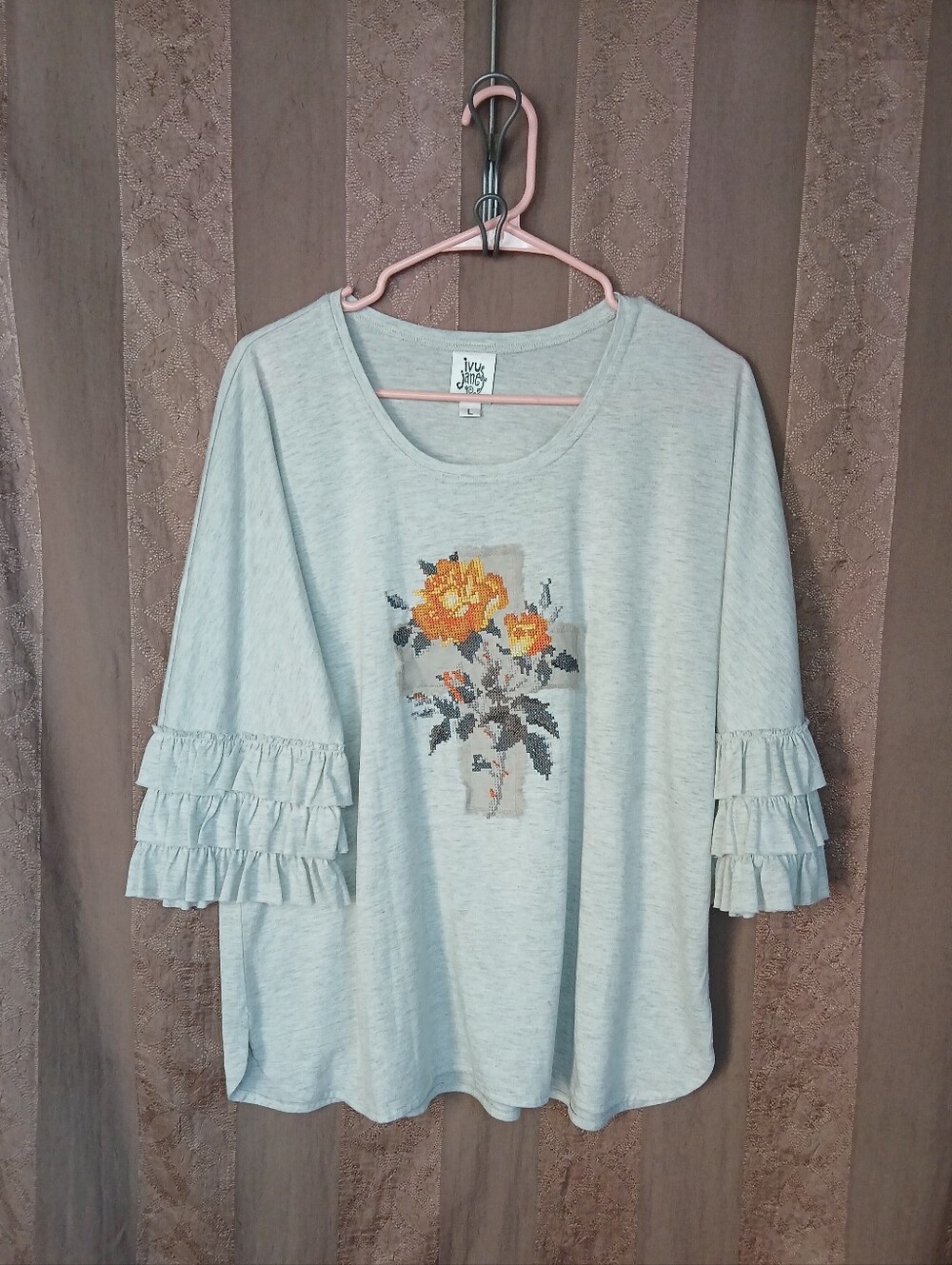 💎 Ivy Jane Women's Top Floral Ruffle Sleeve Blouse Cross Embroidered #0508